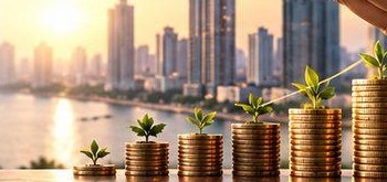 Gold coins with seedlings in front of a city skyline at sunrise
